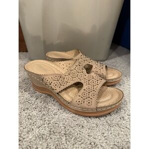 Shibever Sandals Size 7 (38) Womens Tan Slide On Wedge Heels Tan Rhinestone